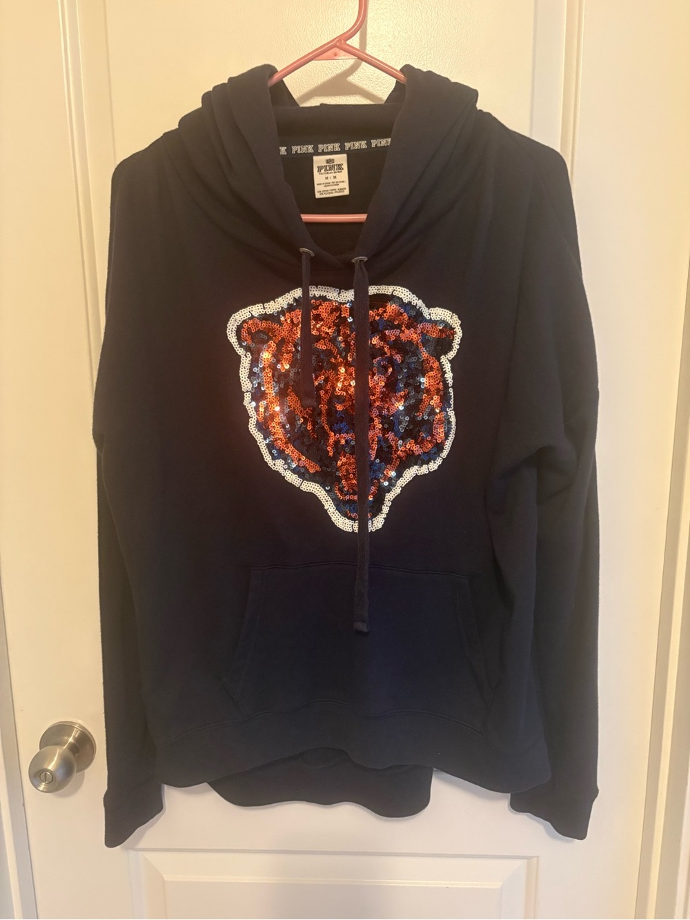 RARE Victoria's Secret PINK Bears Navy Hoodie with Orange & Blue Sequin Bear